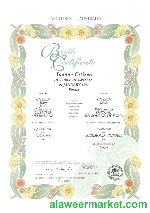 Australia Victoria state decorative (commemorative) birth certificate template in PSD